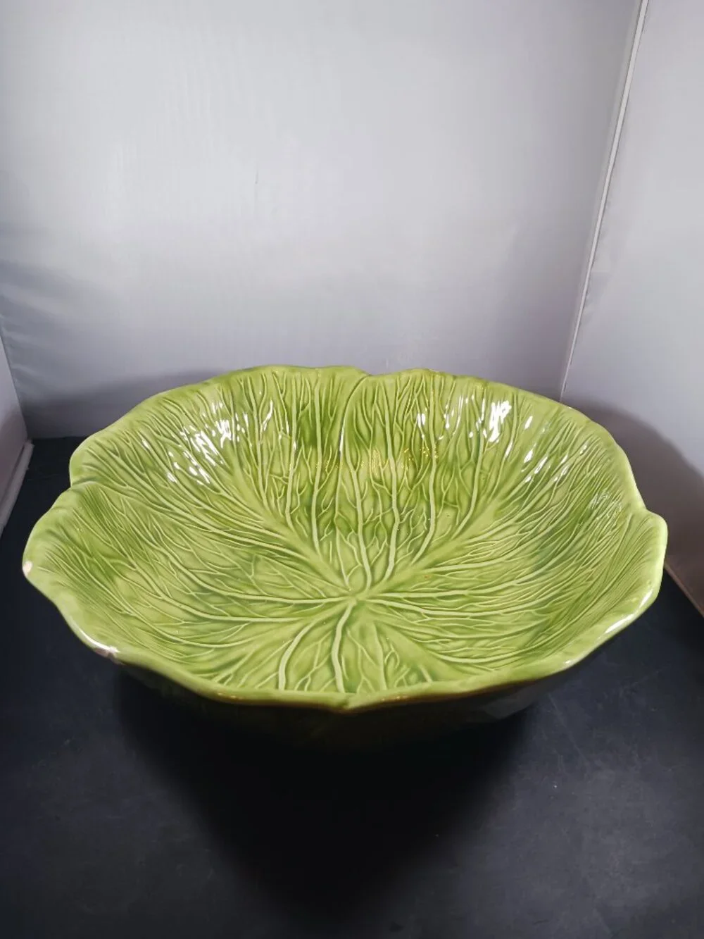 Vintage 70's Green Cabbage Leaf Serving Bowl Handmade Signed